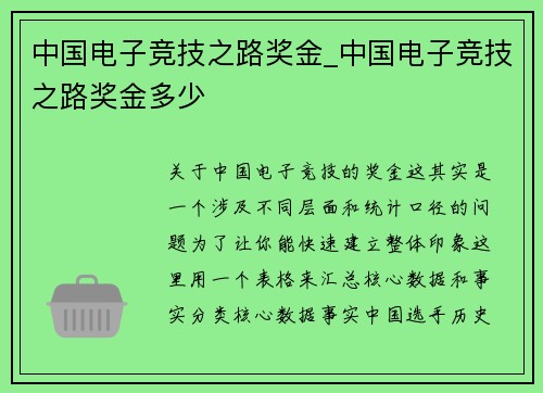 中国电子竞技之路奖金_中国电子竞技之路奖金多少